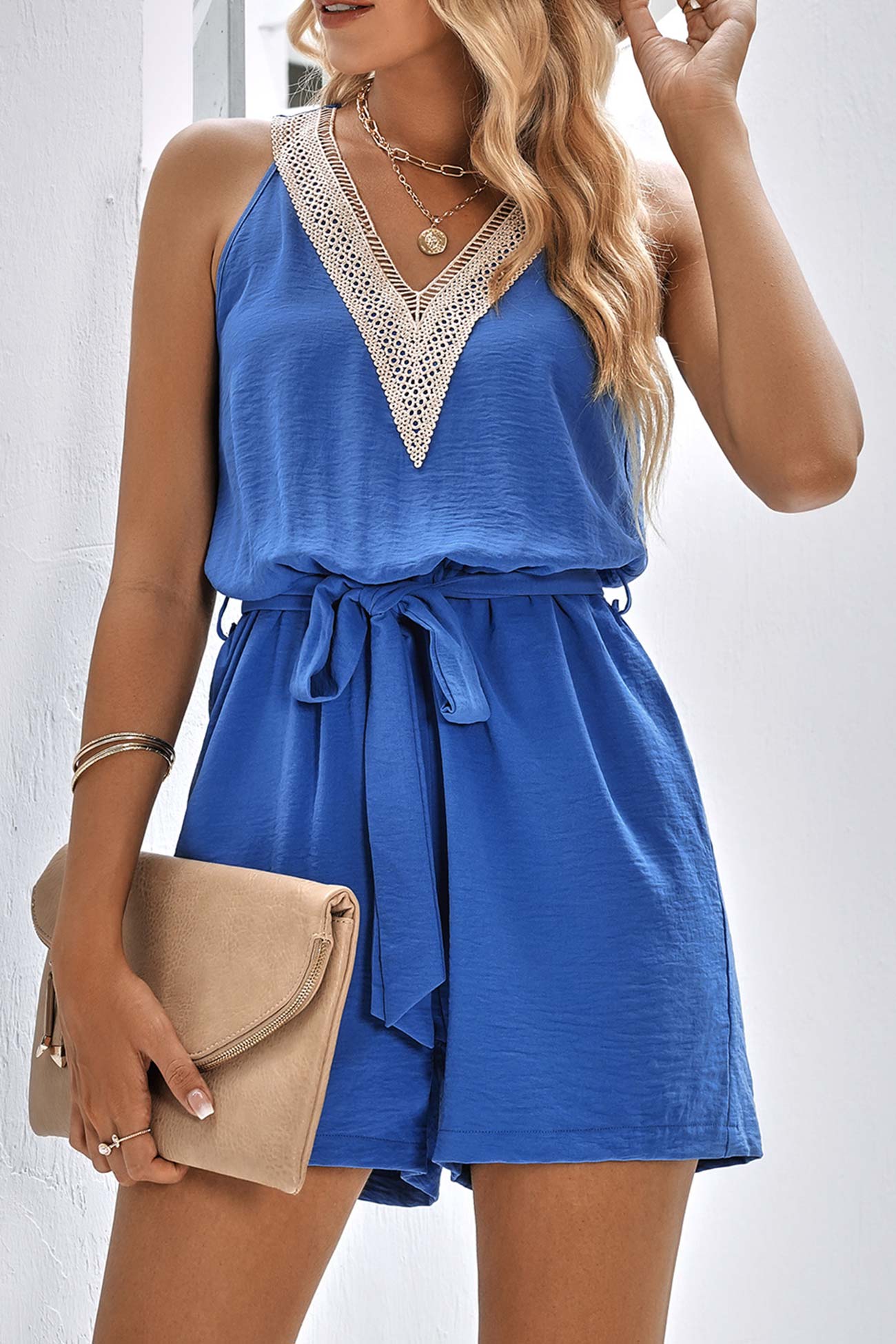 Women's Romper - Lace V-Neck - Tie-Waist - Sleeveless Lightweight One-Piece