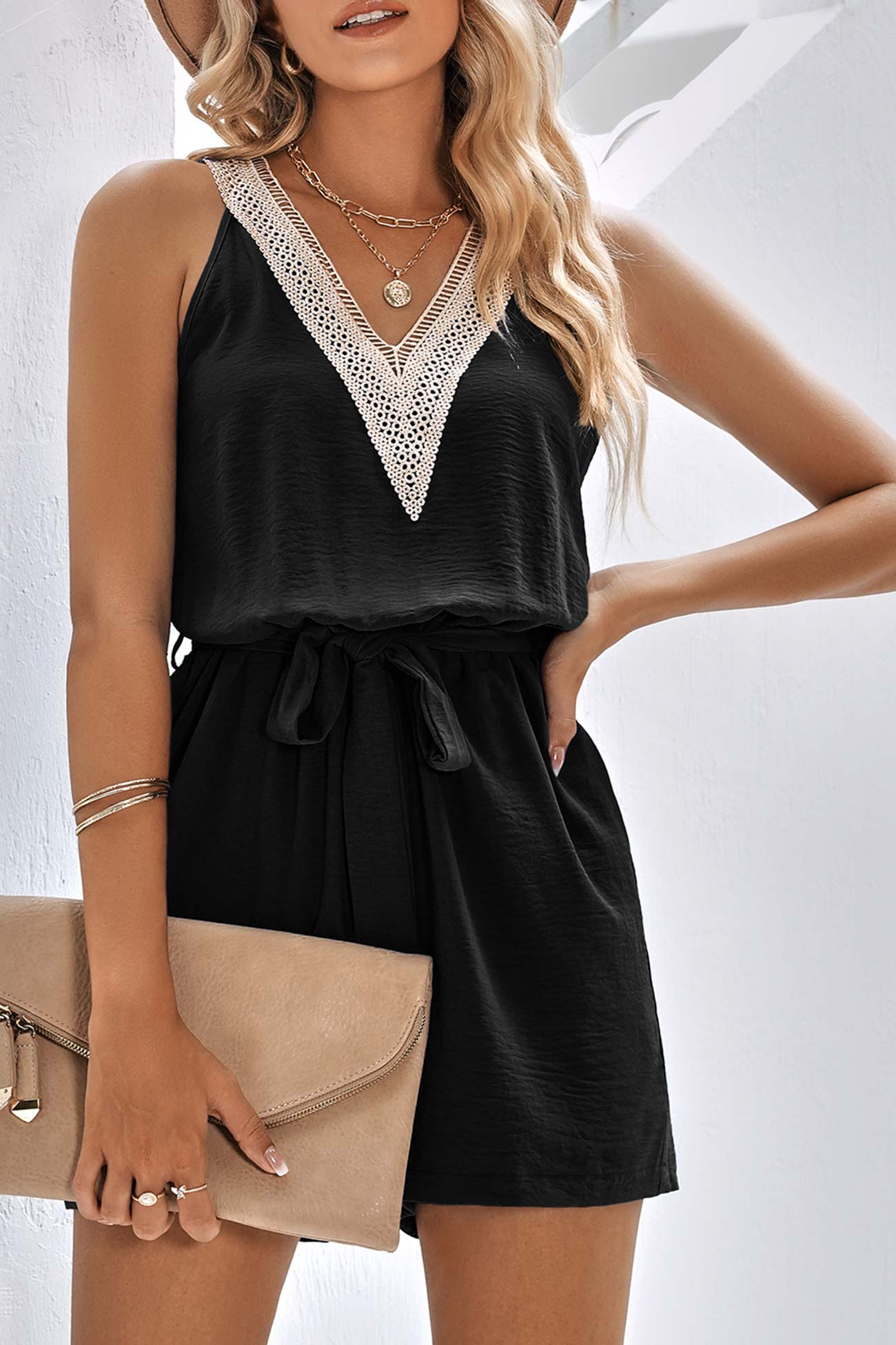 Women's Romper - Lace V-Neck - Tie-Waist - Sleeveless Lightweight One-Piece