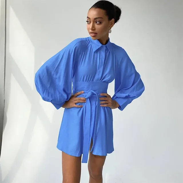 Women's Shirt Dress - Oversized Fit - Long Lantern Sleeves - Lightweight Cotton Blend