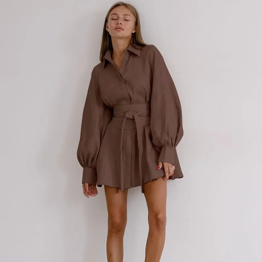 Women's Shirt Dress - Oversized Fit - Long Lantern Sleeves - Lightweight Cotton Blend