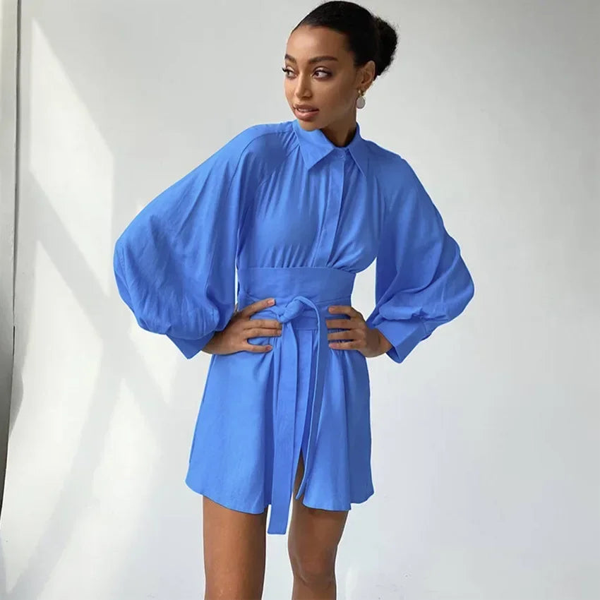 Women's Shirt Dress - Oversized Fit - Long Lantern Sleeves - Lightweight Cotton Blend