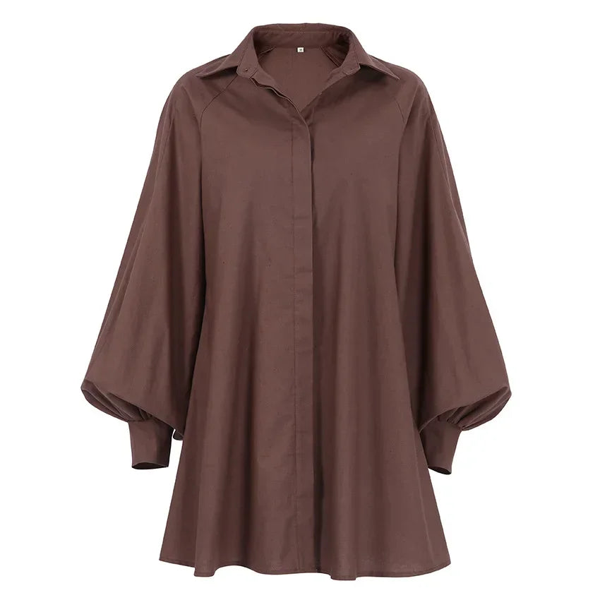Women's Shirt Dress - Oversized Fit - Long Lantern Sleeves - Lightweight Cotton Blend