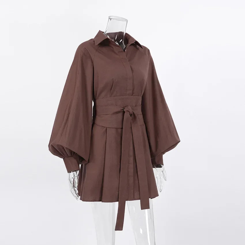 Women's Shirt Dress - Oversized Fit - Long Lantern Sleeves - Lightweight Cotton Blend