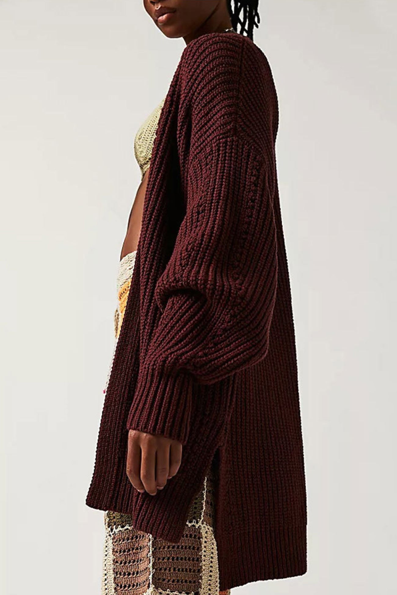 Women's lantern sleeve open front side slit cardigan