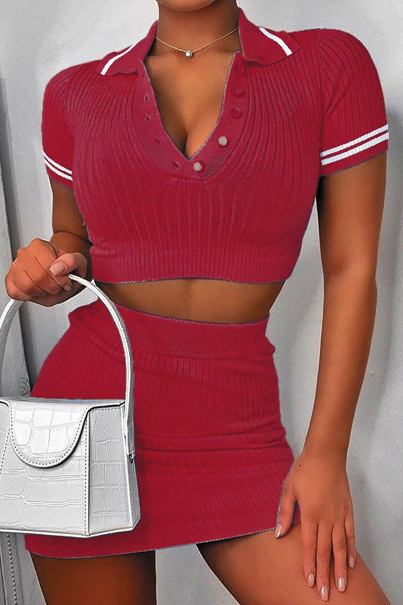 Women’s Two-Piece Set – Ribbed Knit – Cropped Polo Top & High-Waist Mini Skirt