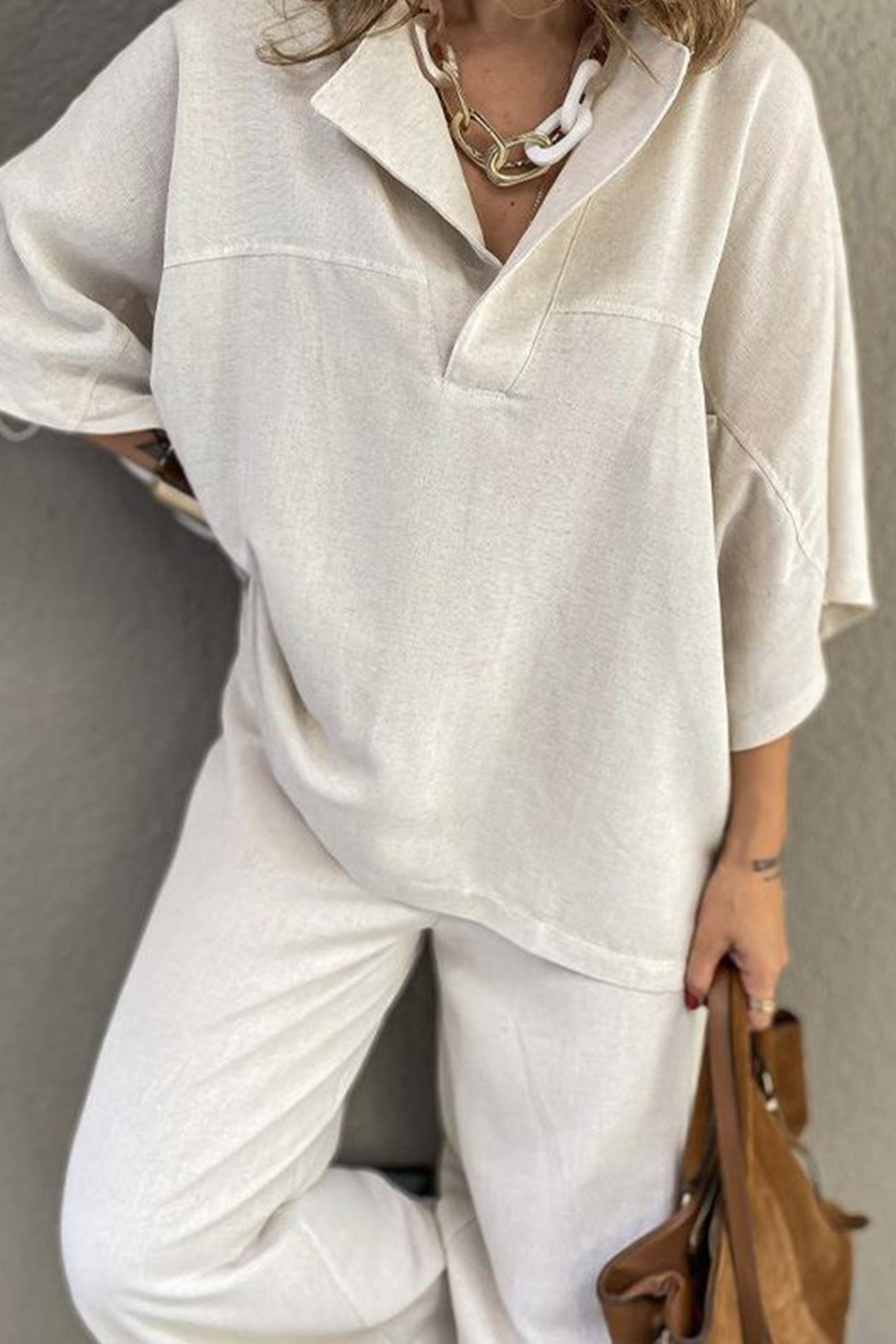 Women's lapel shirt with slit hem long pants set