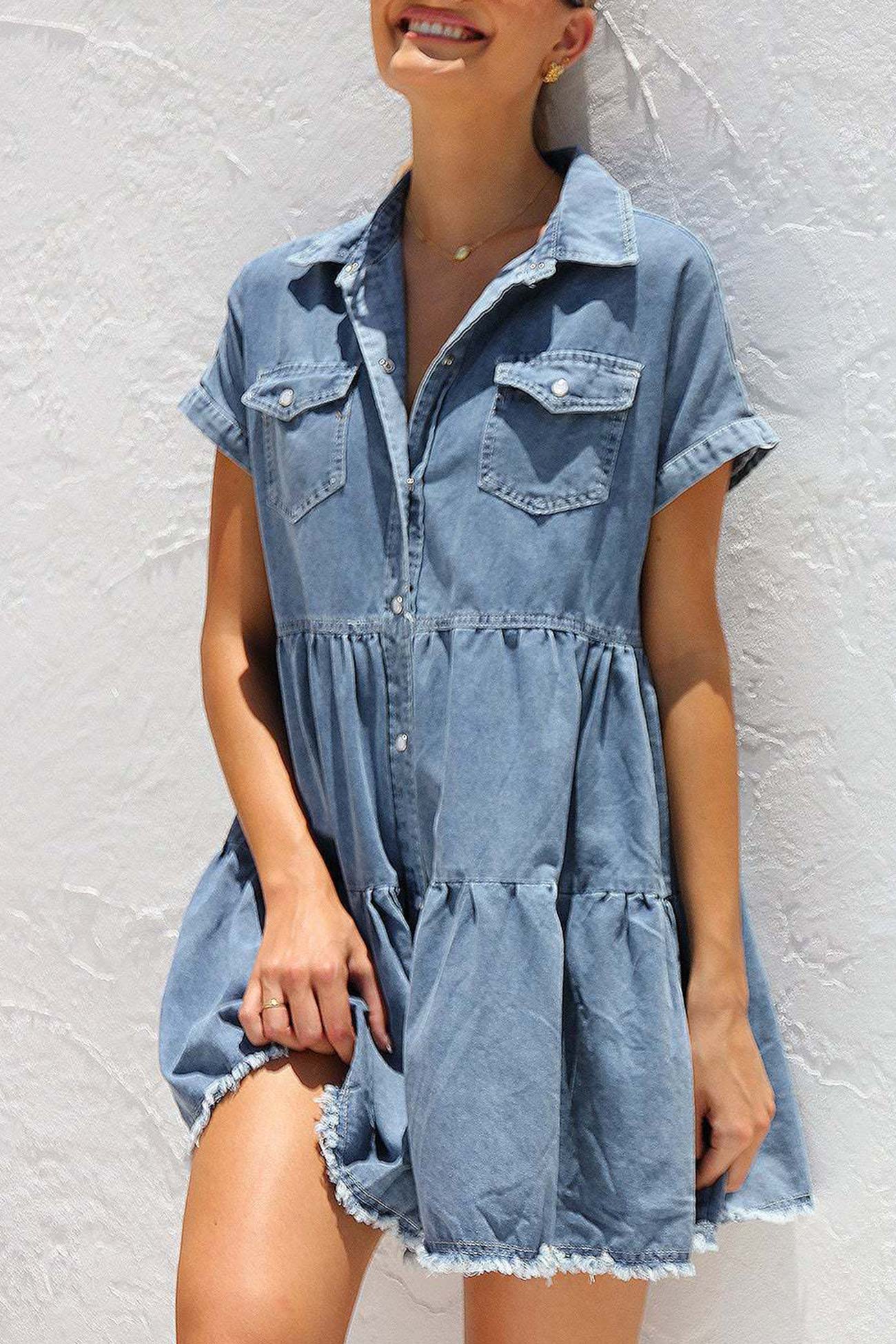 Women's Denim Dress - Button Down - Short Sleeve - Tiered Flared Fit - Frayed Hem
