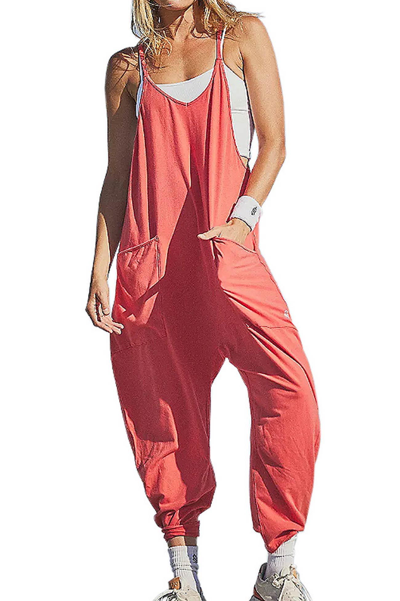 Women's Jumpsuit - Loose Fit - Adjustable Straps - Wide-Leg with Large Pockets