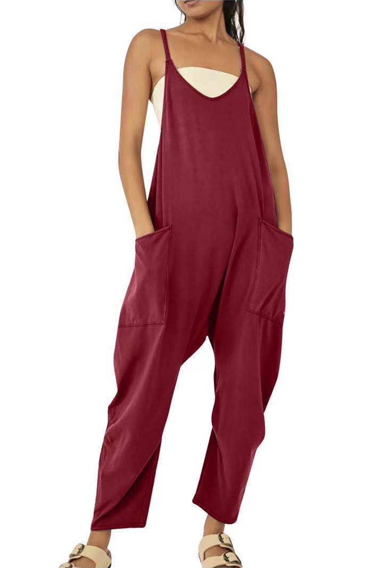 Women's Jumpsuit - Loose Fit - Adjustable Straps - Wide-Leg with Large Pockets