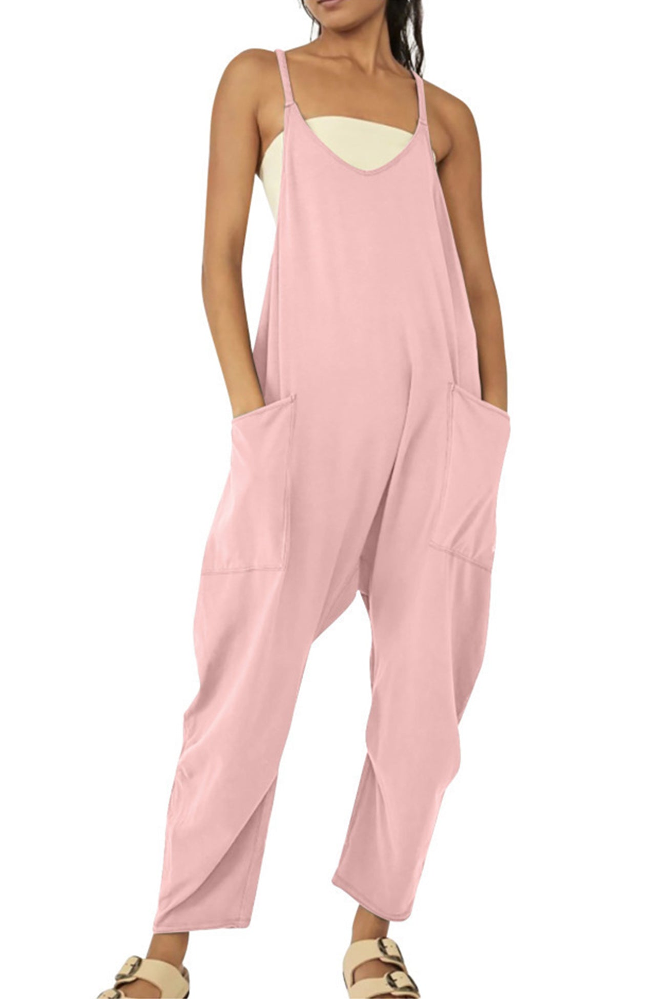 Women's Jumpsuit - Loose Fit - Adjustable Straps - Wide-Leg with Large Pockets