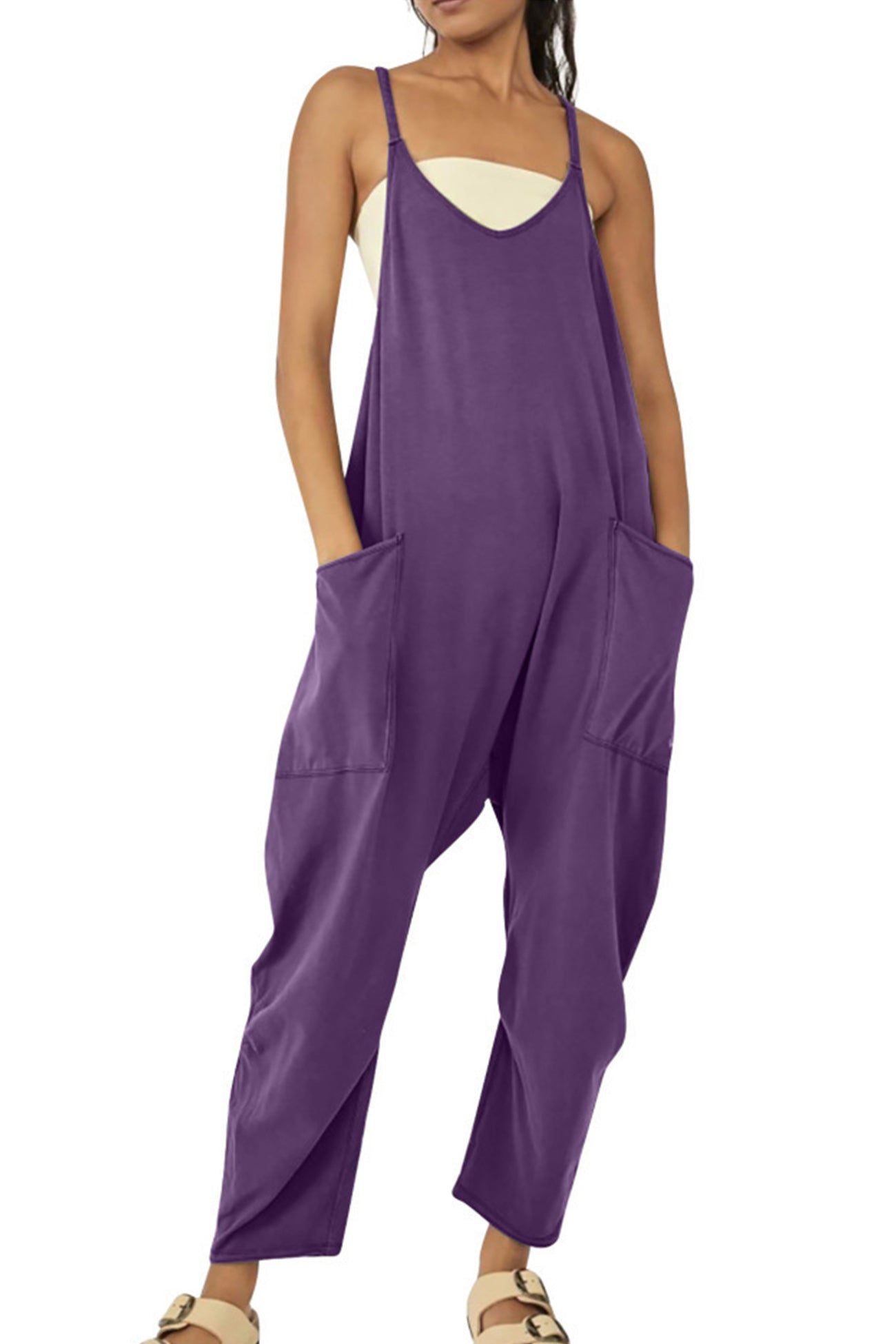 Women's Jumpsuit - Loose Fit - Adjustable Straps - Wide-Leg with Large Pockets