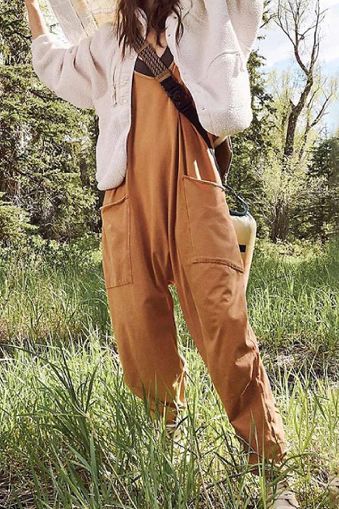 Women's Jumpsuit - Loose Fit - Adjustable Straps - Wide-Leg with Large Pockets