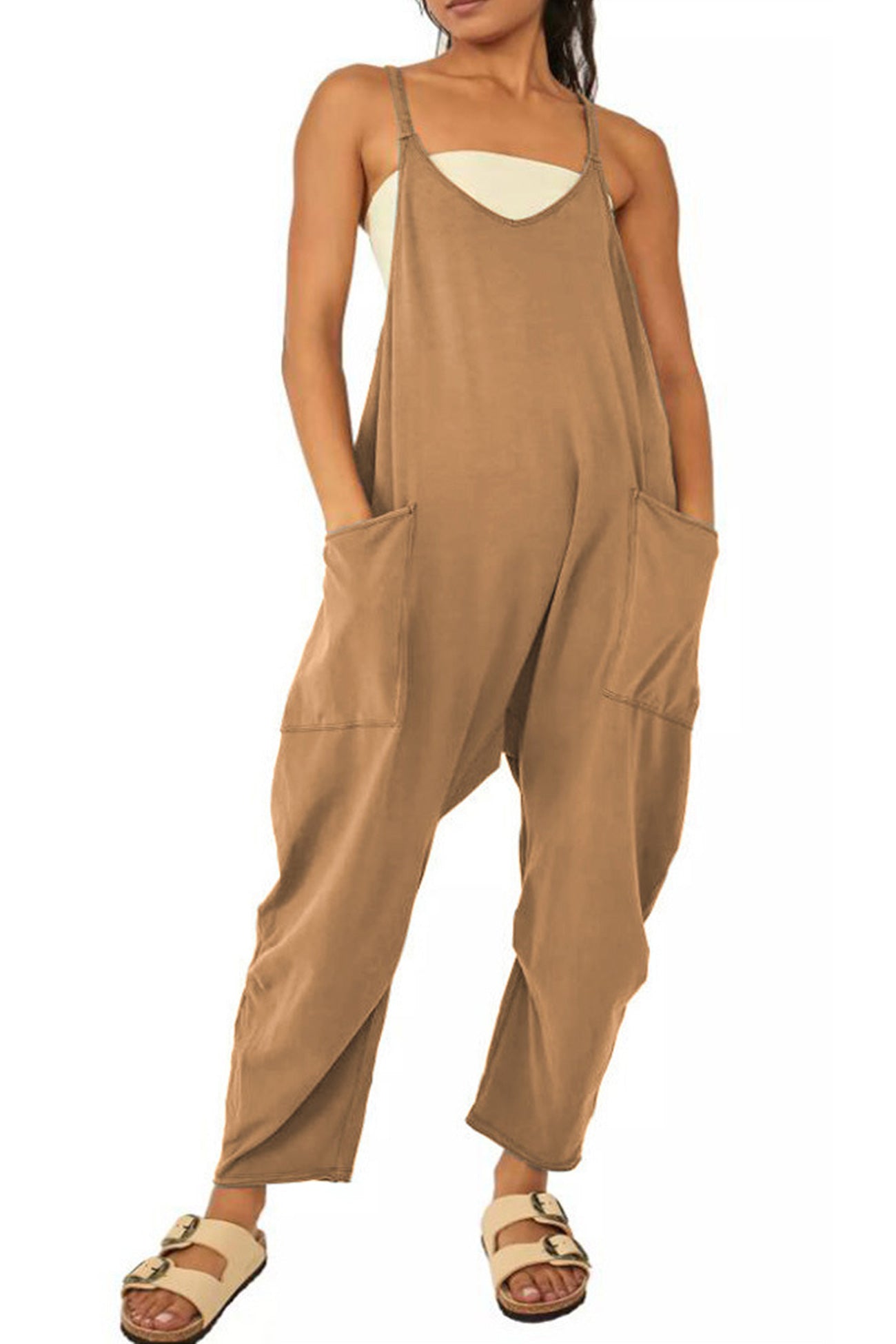 Women's Jumpsuit - Loose Fit - Adjustable Straps - Wide-Leg with Large Pockets