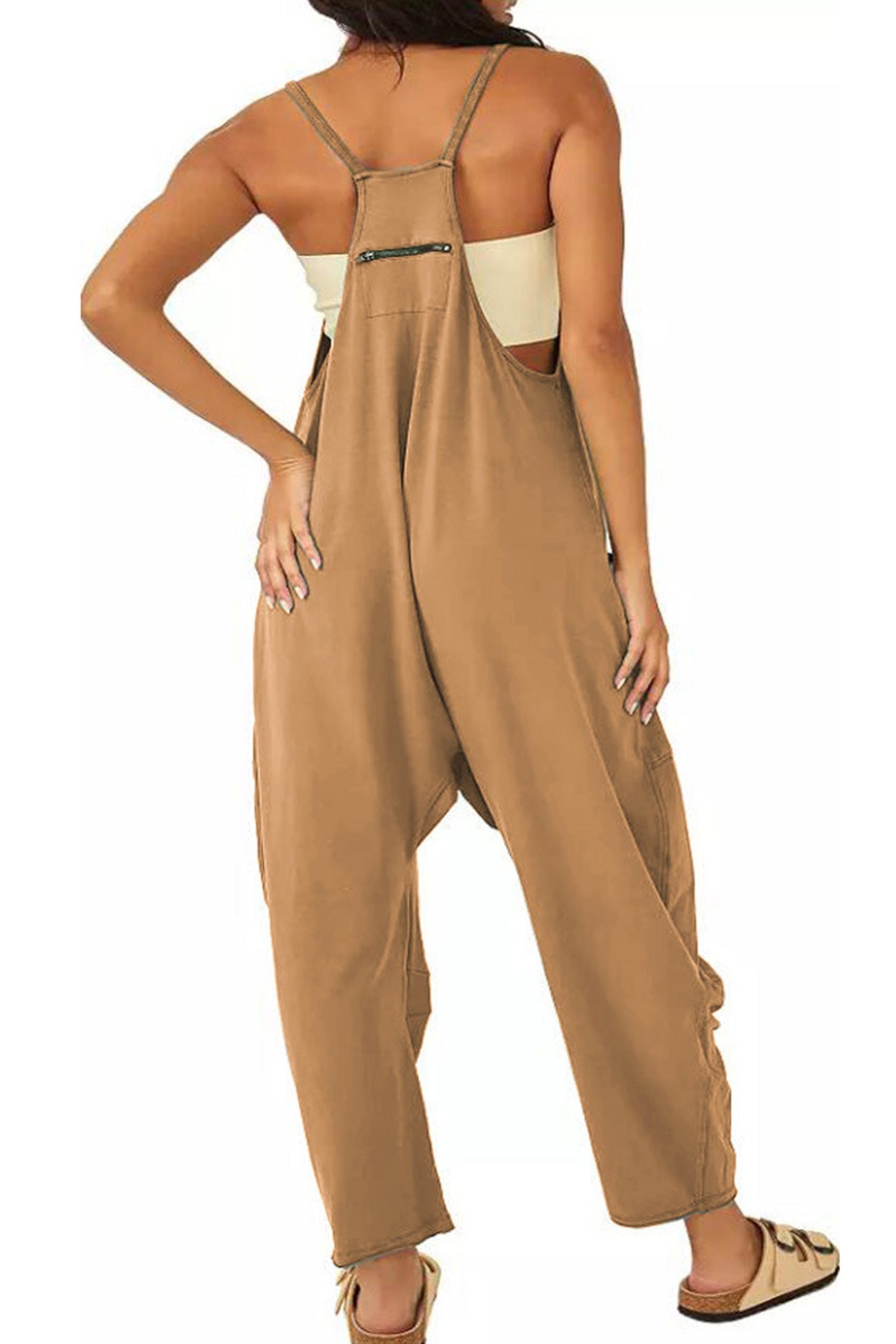 Women's Jumpsuit - Loose Fit - Adjustable Straps - Wide-Leg with Large Pockets