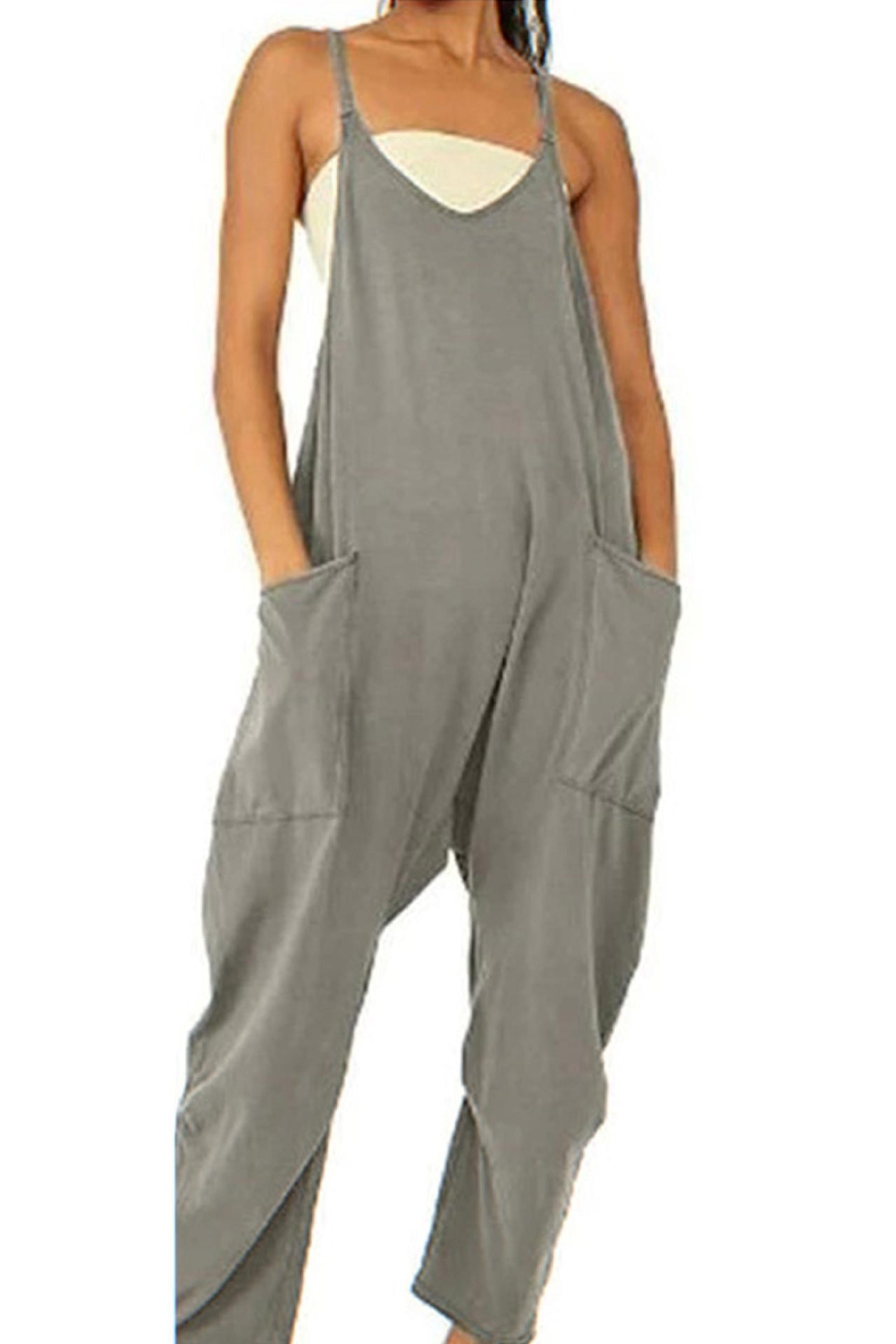 Women's Jumpsuit - Loose Fit - Adjustable Straps - Wide-Leg with Large Pockets