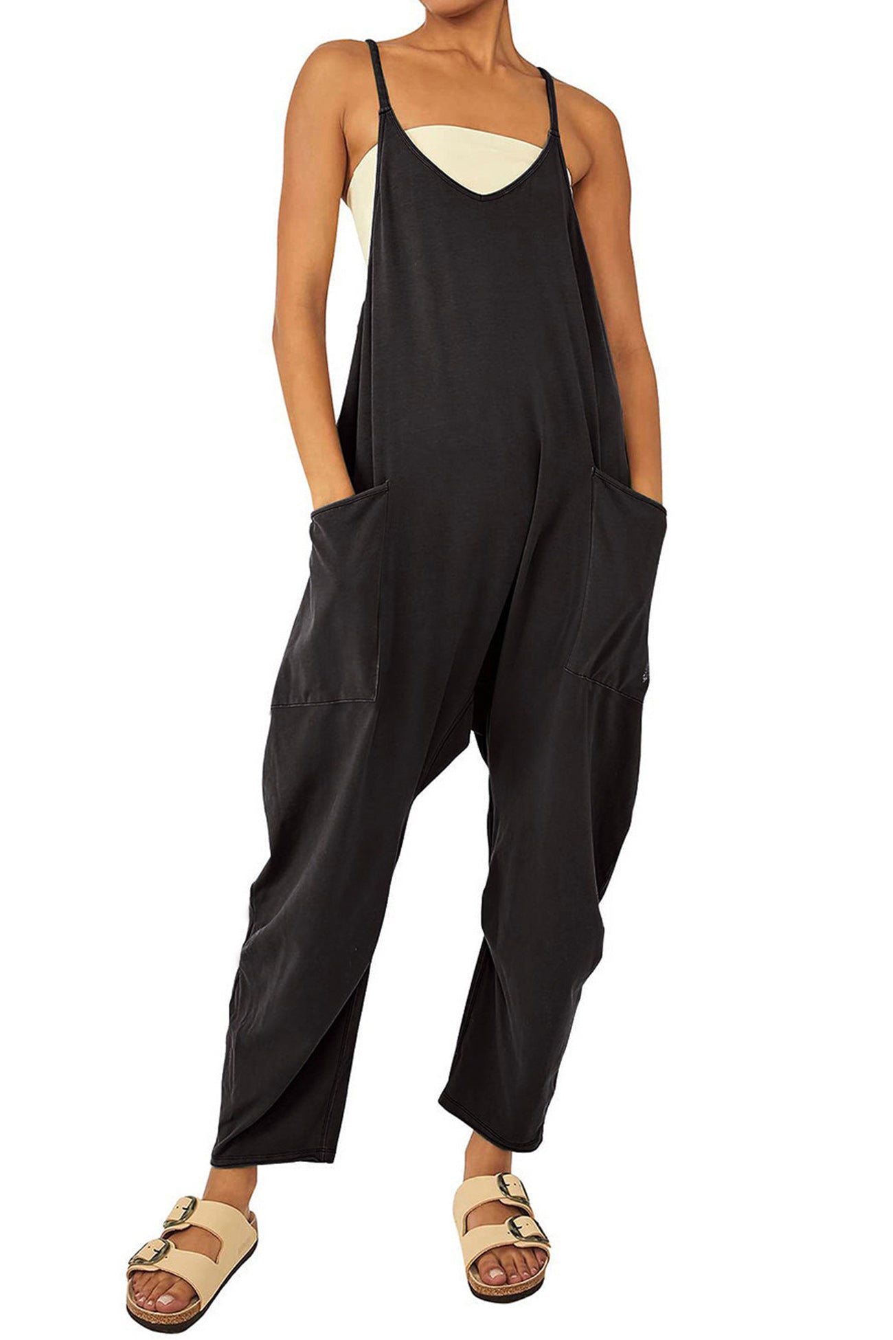 Women's Jumpsuit - Loose Fit - Adjustable Straps - Wide-Leg with Large Pockets