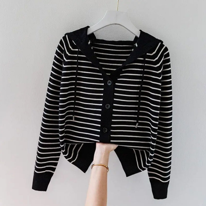 Knitted Drawstring Hooded V-Neck Sweater