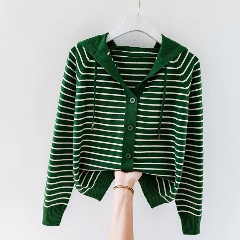 Knitted Drawstring Hooded V-Neck Sweater