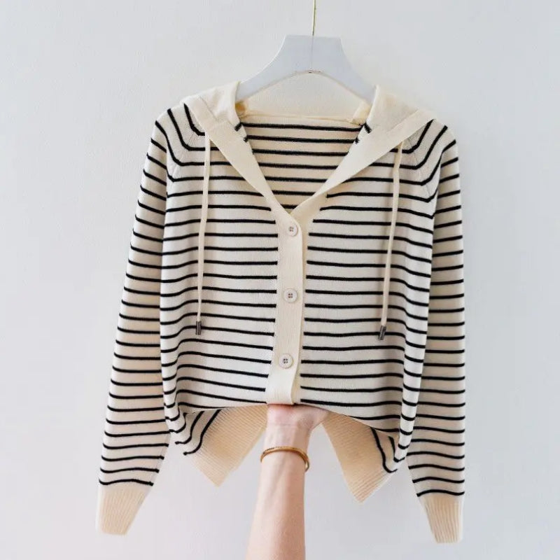 Knitted Drawstring Hooded V-Neck Sweater