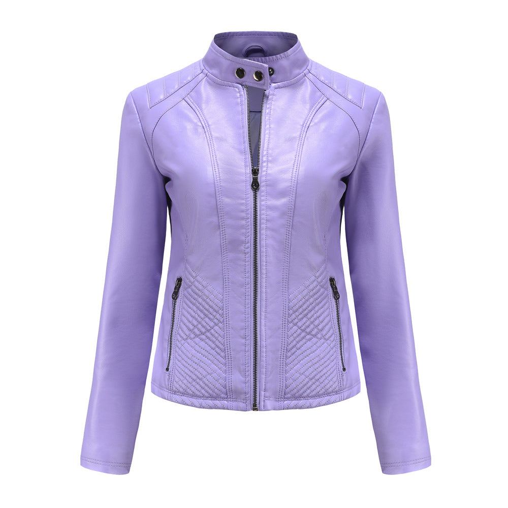 Women's casual leather stand collar jacket