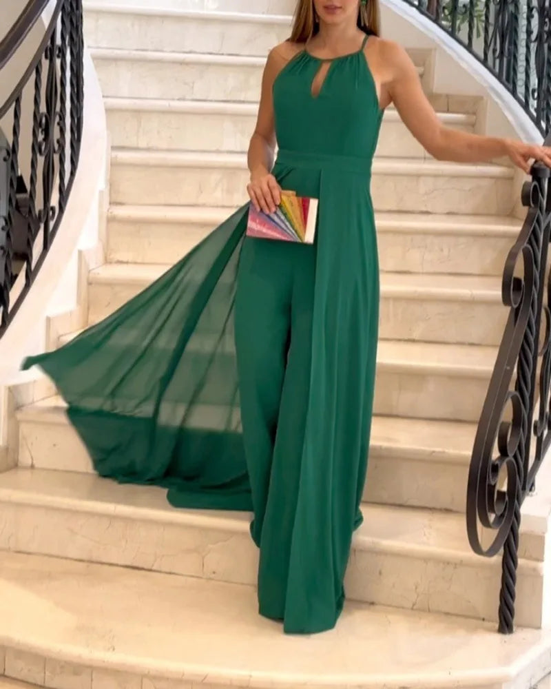 Women's Jumpsuit - Halter Neck Keyhole - Palazzo Pants - Elegant Flowing Overlay