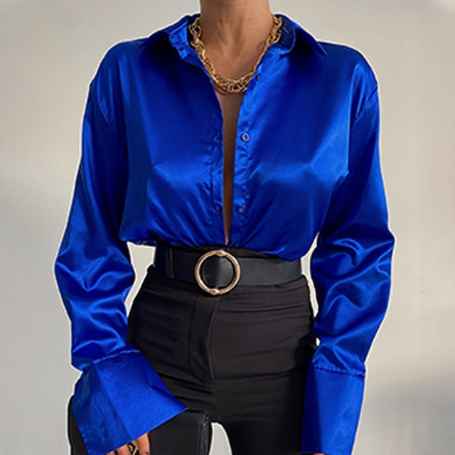 Women's Satin Blouse - Button-Up Collared Shirt - Long Sleeve Relaxed Fit