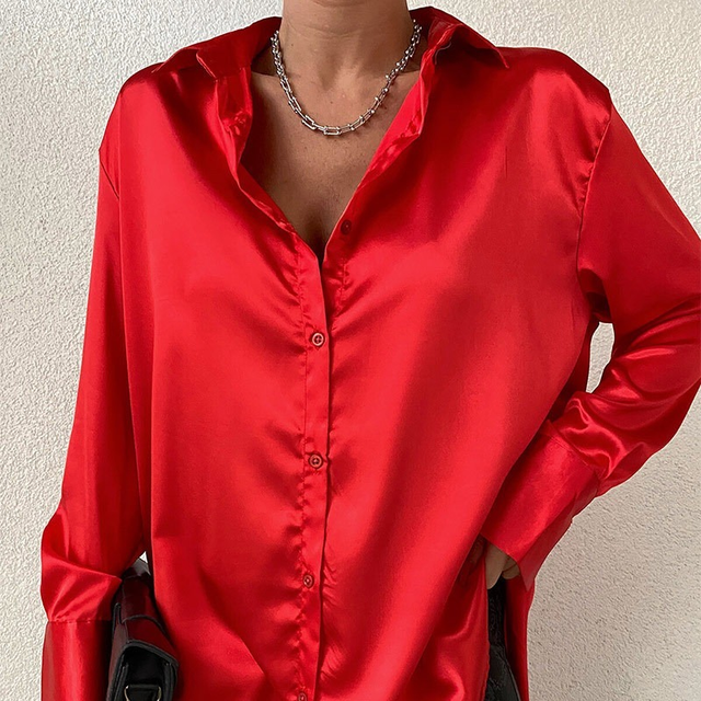 Women's Satin Blouse - Button-Up Collared Shirt - Long Sleeve Relaxed Fit