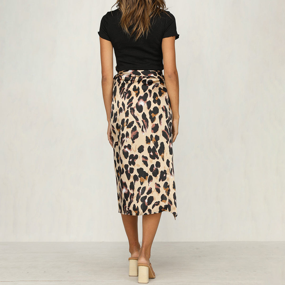 Leopard print high waist ripped slit skirt for women