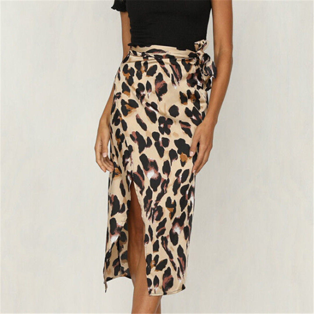 Leopard print high waist ripped slit skirt for women