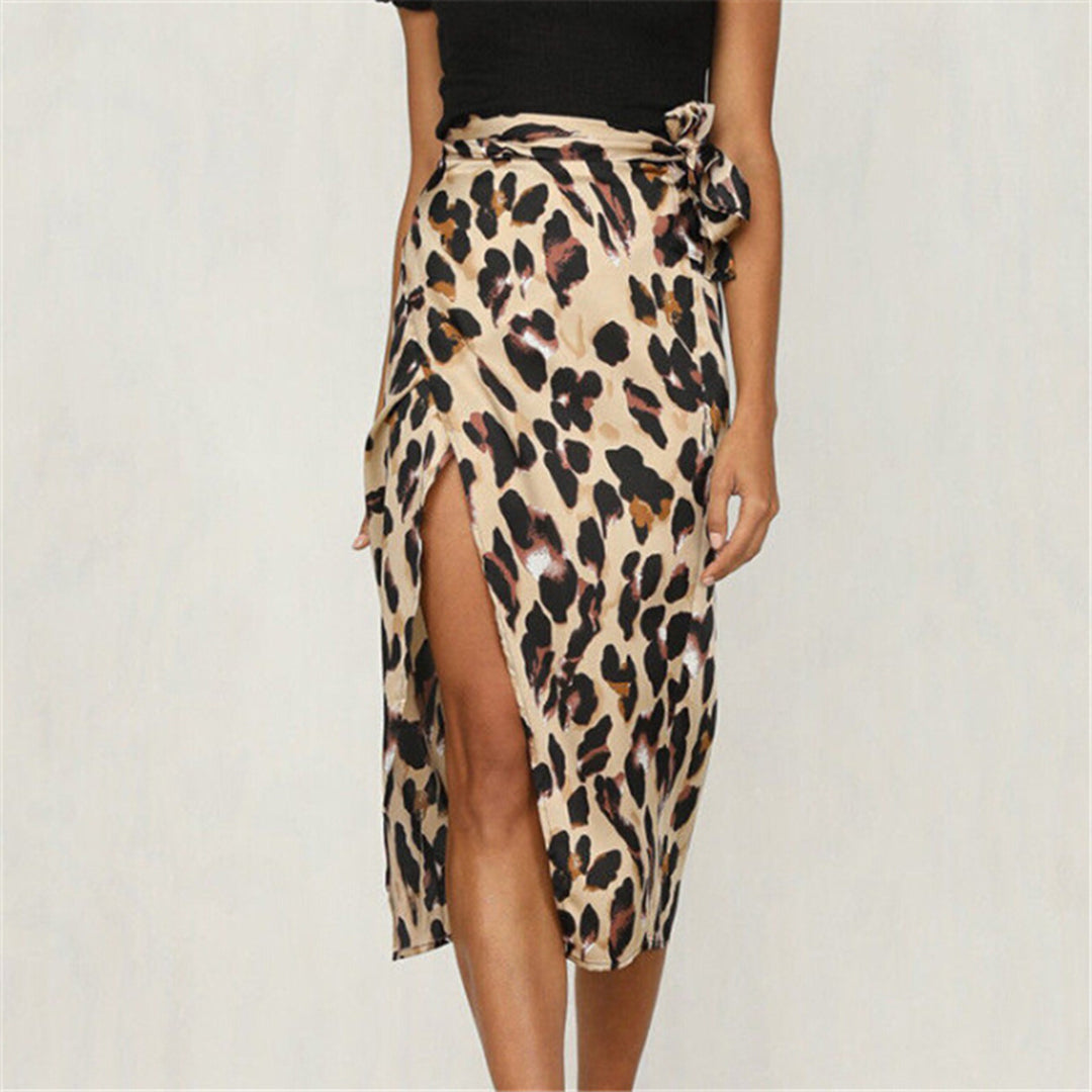 Leopard print high waist ripped slit skirt for women