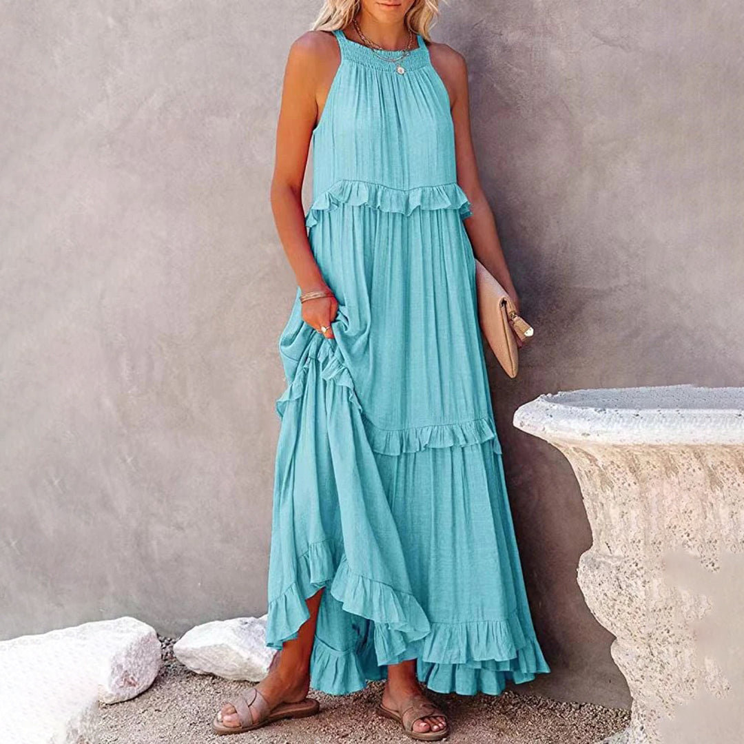 Women's Maxi Dress - Halter Neck - Flowy Fit - Ruffle Trim Elegant Full-Length