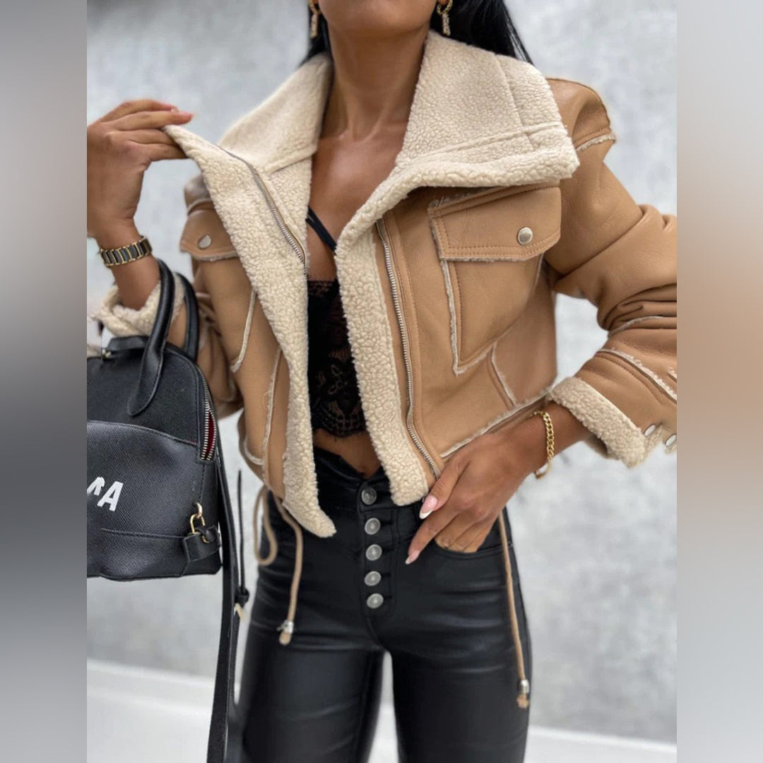 Women's wool-like short motorcycle zipper jacket