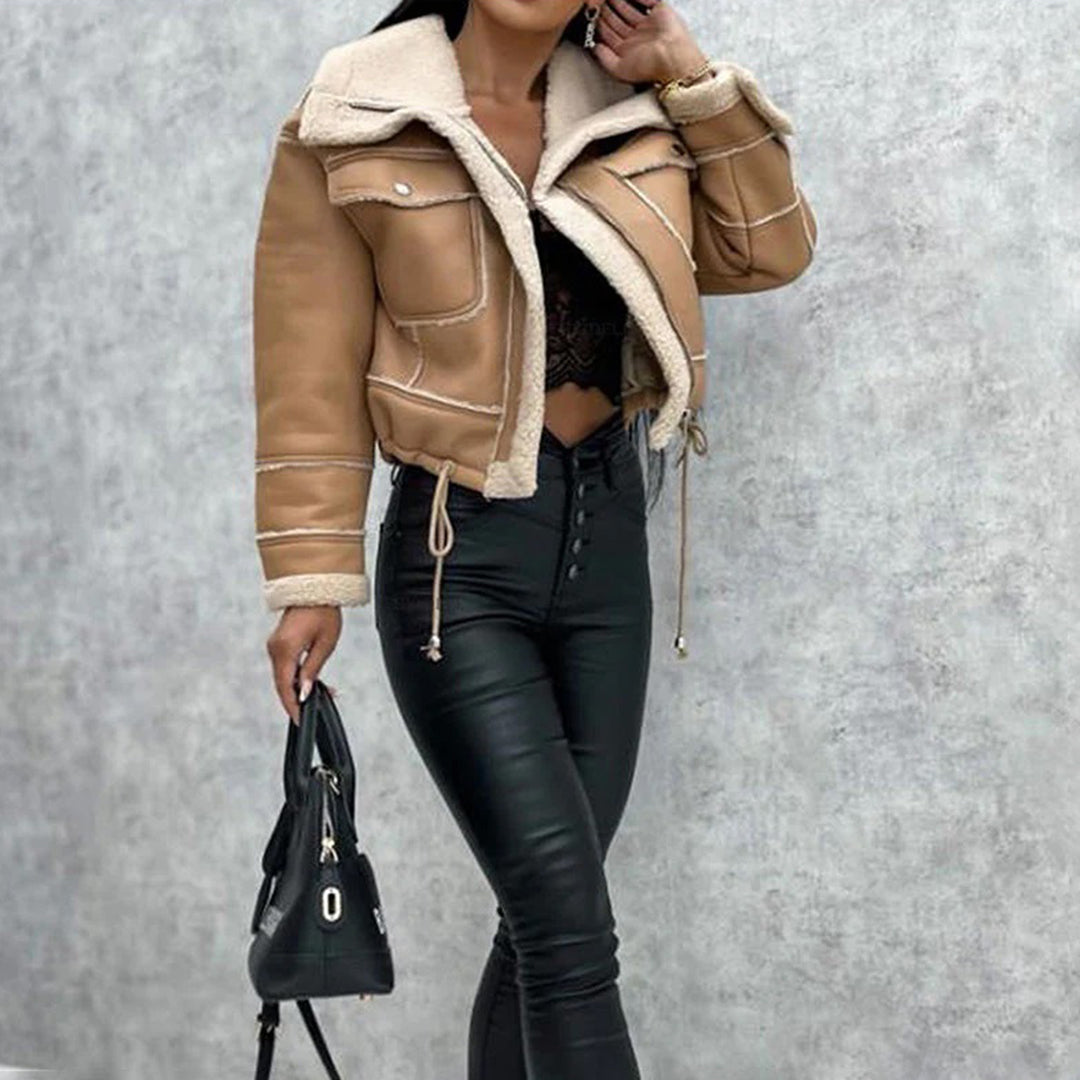Women's wool-like short motorcycle zipper jacket