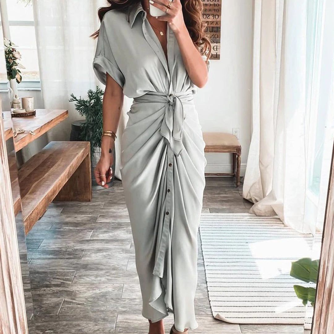 Women's Midi Wrap Dress - Button Down - Waist Tie - Short Sleeve Flowy Fit