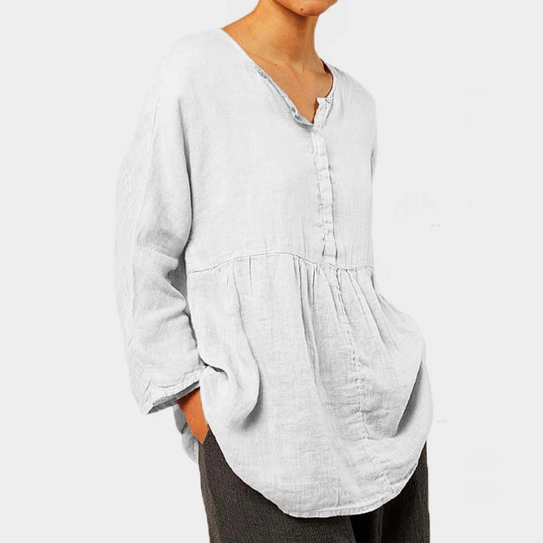 Women's Linen Tunic Top - Loose Fit V-Neck - Long Sleeve Lightweight Casual Wear
