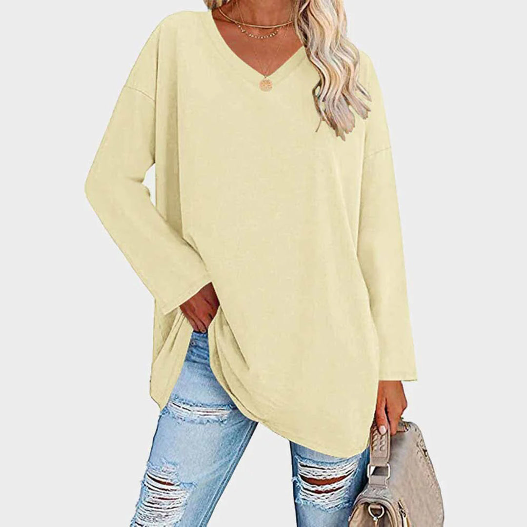 Women's Long-Sleeve Sweater - Loose Fit V-Neck - Soft Knit Casual Tunic