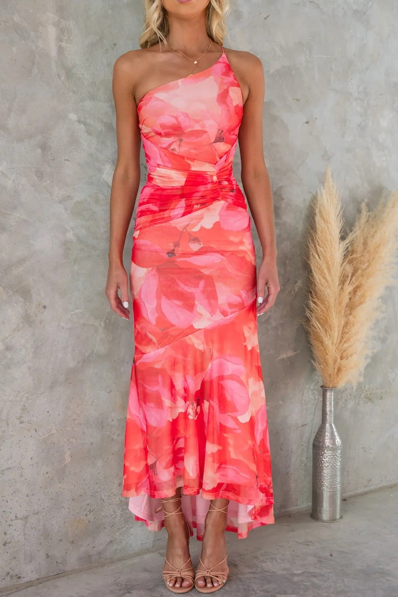 Women’s Midi Dress – One Shoulder Satin – Pleated Waist – A-Line Fit