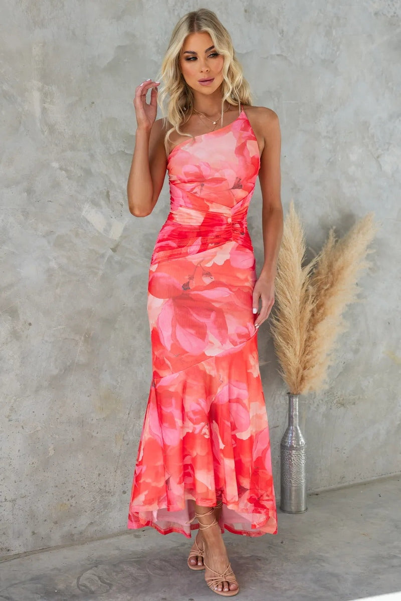 Women’s Midi Dress – One Shoulder Satin – Pleated Waist – A-Line Fit