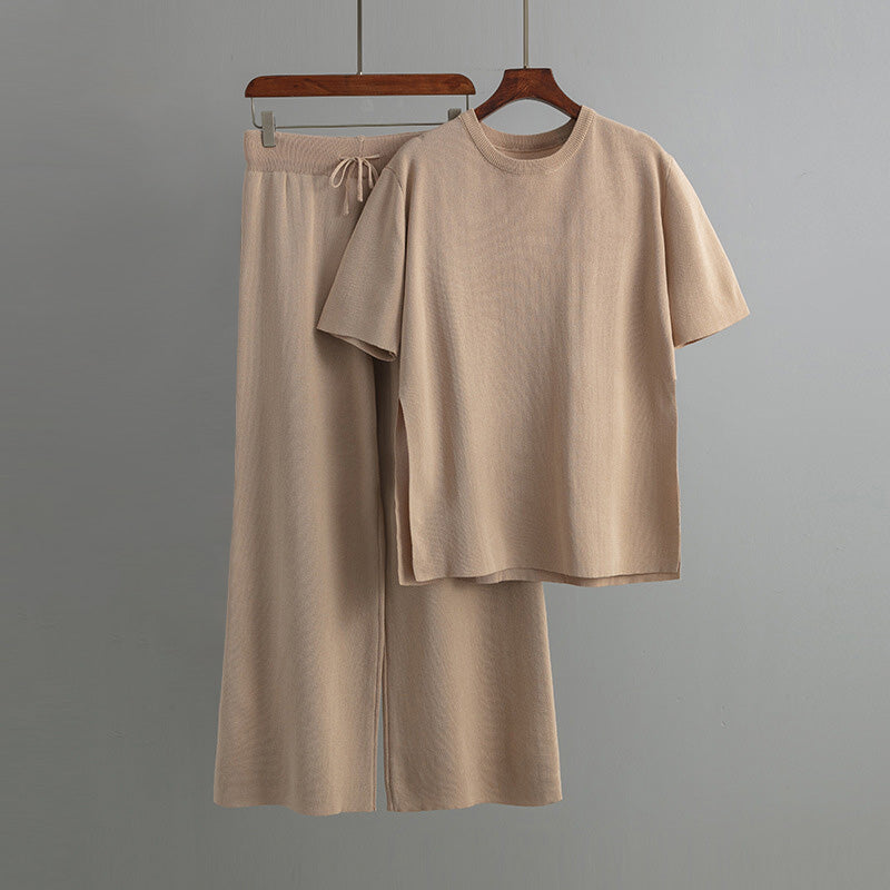 Women’s Loungewear Set – Soft Knit – Relaxed Fit – Short Sleeve Top & Wide-Leg Pants