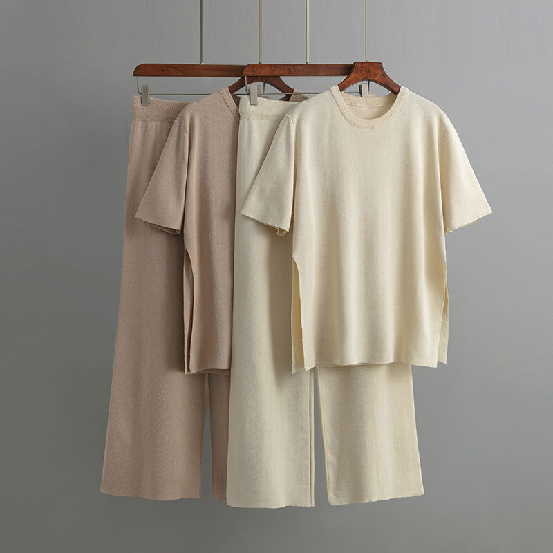 Women’s Loungewear Set – Soft Knit – Relaxed Fit – Short Sleeve Top & Wide-Leg Pants