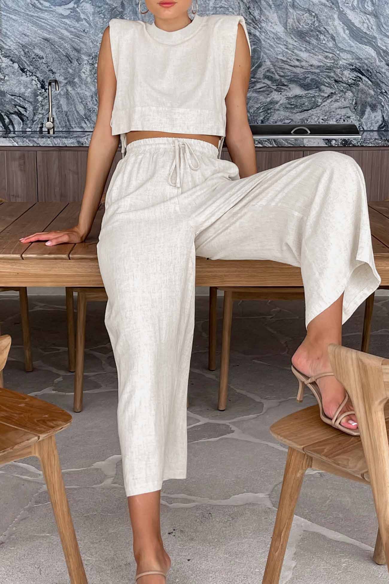 Women's Linen Crop Top & Wide-Leg Pants Set - Sleeveless - Side Tie - High-Waist Elastic Fit