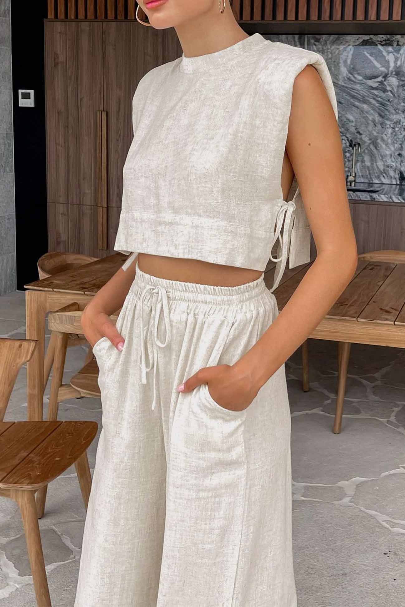 Women's Linen Crop Top & Wide-Leg Pants Set - Sleeveless - Side Tie - High-Waist Elastic Fit