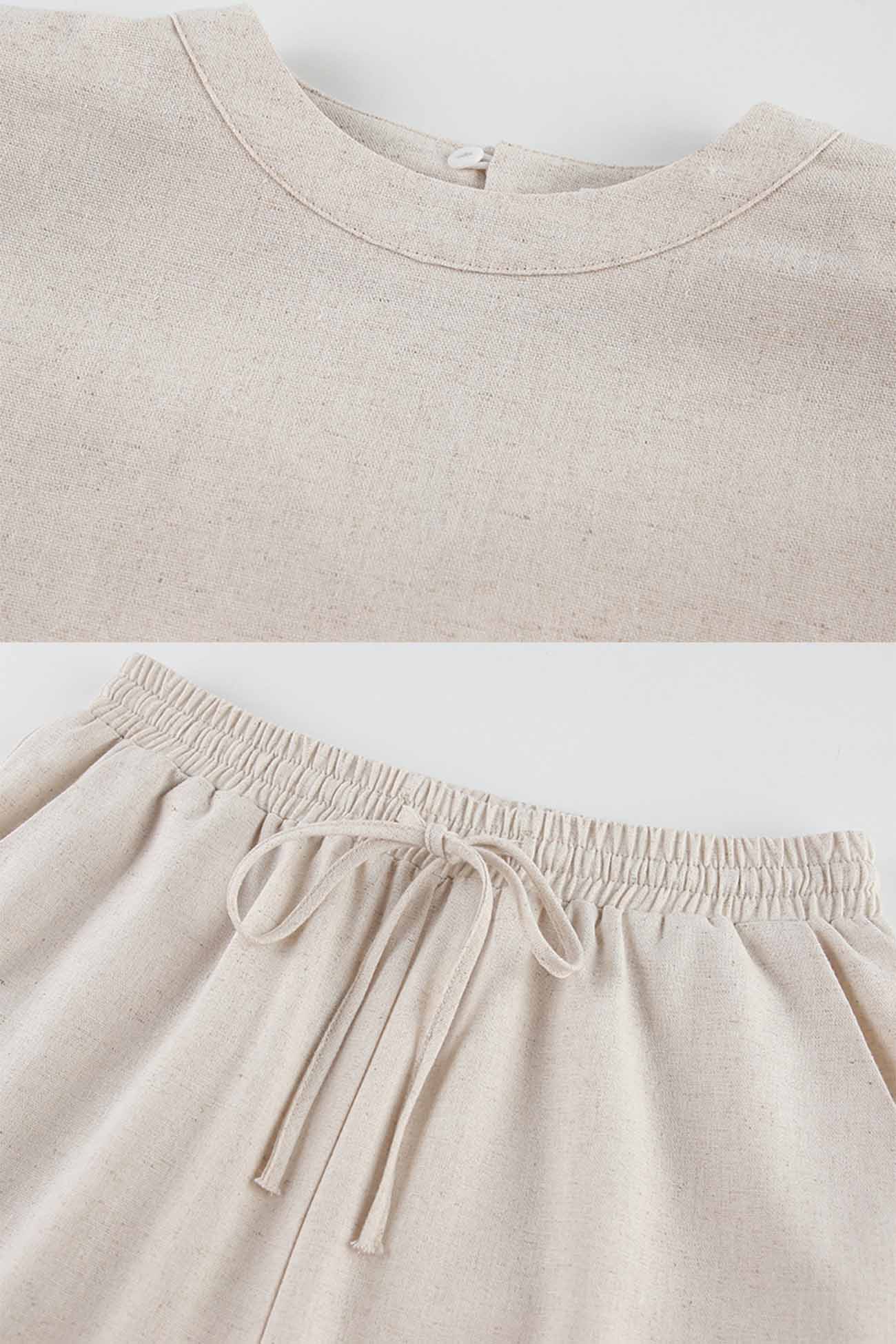 Women's Linen Crop Top & Wide-Leg Pants Set - Sleeveless - Side Tie - High-Waist Elastic Fit