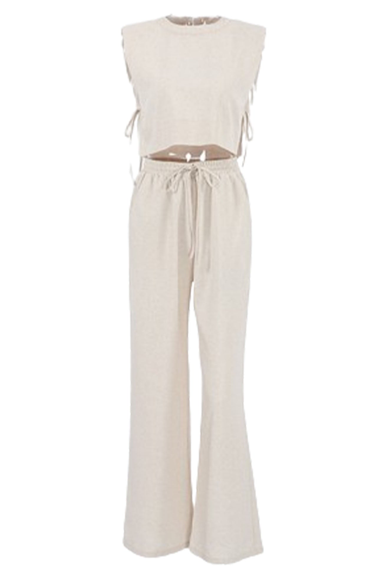 Women's Linen Crop Top & Wide-Leg Pants Set - Sleeveless - Side Tie - High-Waist Elastic Fit