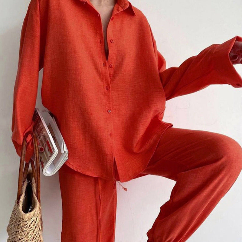 Relaxed button-up shirt and trousers set for women