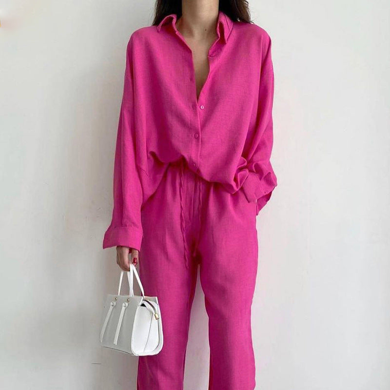 Relaxed button-up shirt and trousers set for women