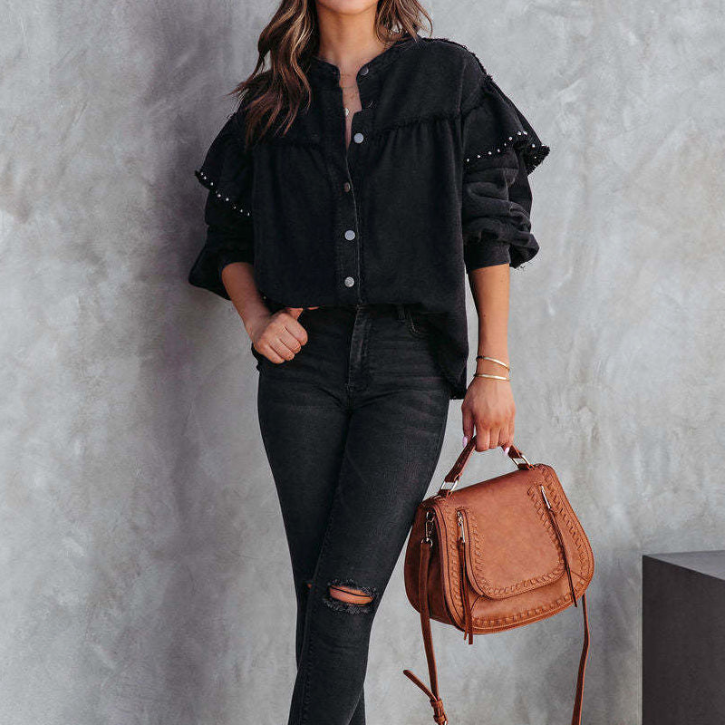 Women's raw edge denim jacket with rivet and balloon sleeves