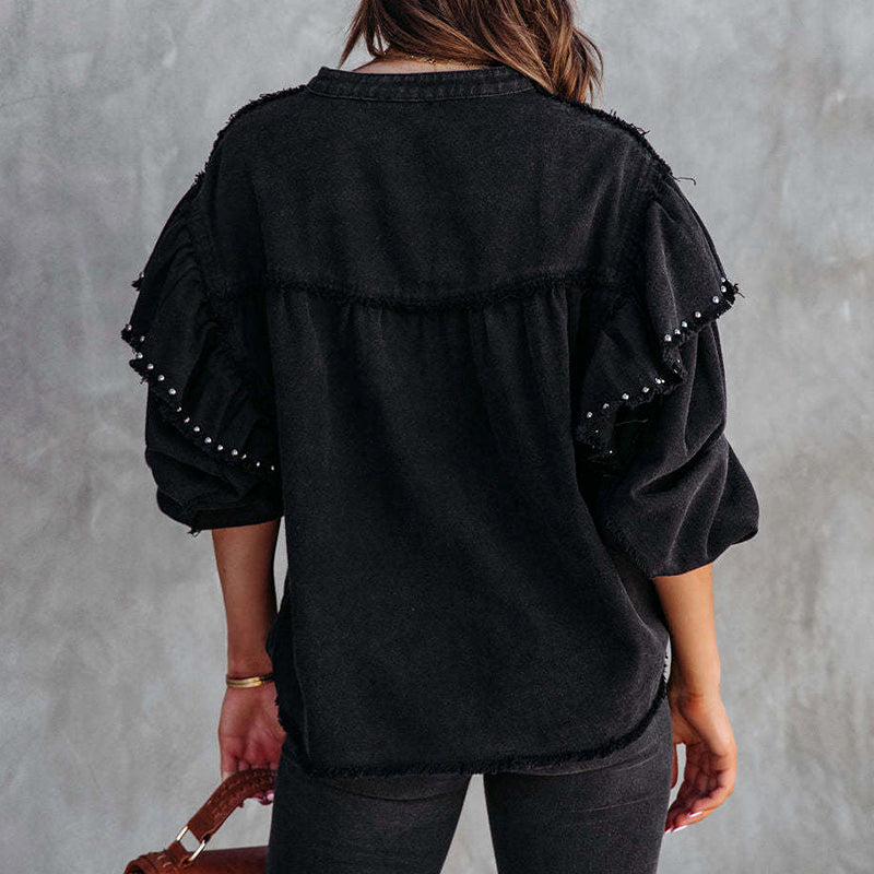 Women's raw edge denim jacket with rivet and balloon sleeves