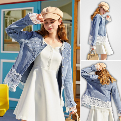 Women's denim jacket with beads and lace stitching