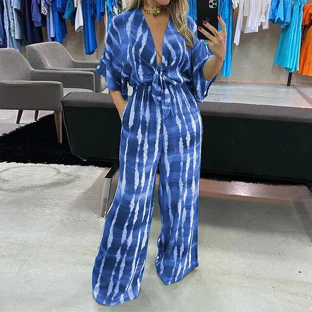 Women's printed belted v-neck half-sleeve jumpsuit